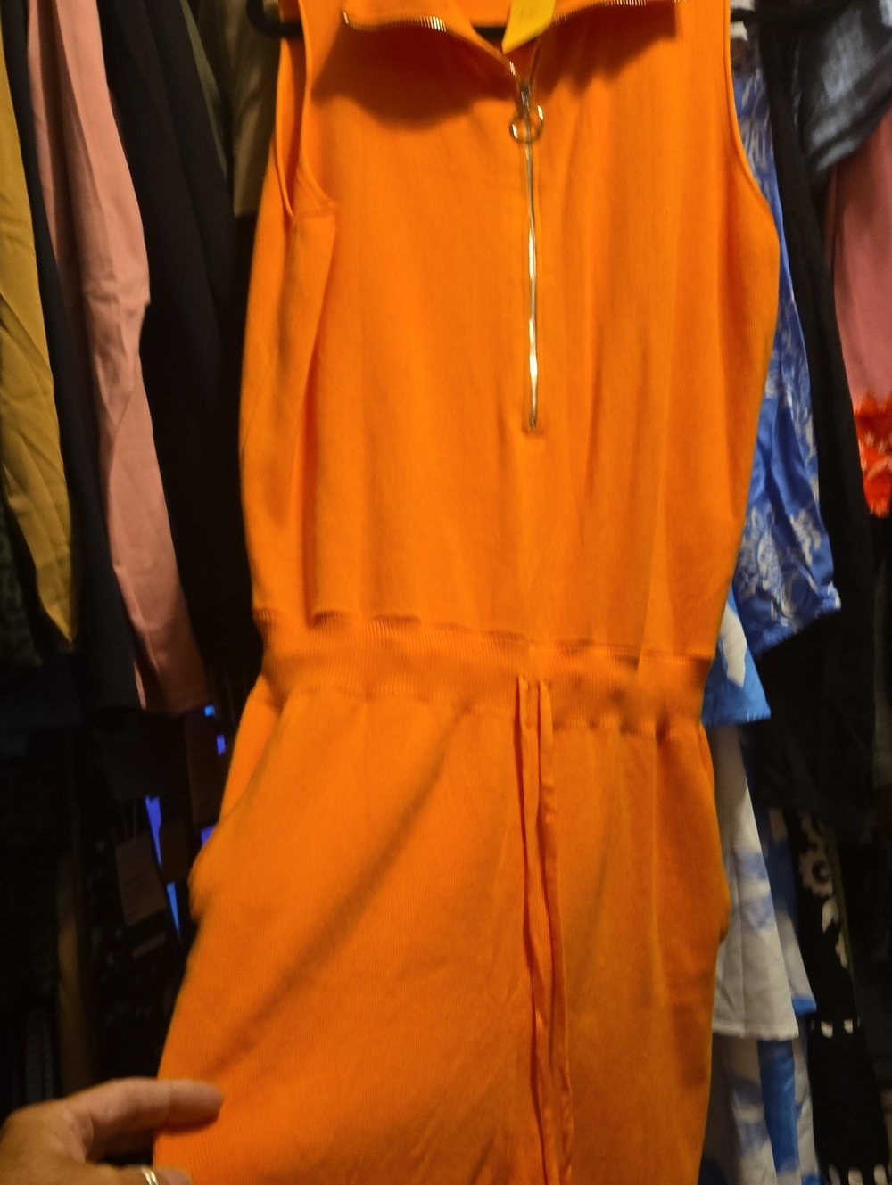 Sleeveless Orange Zip-Front Knit Short Set